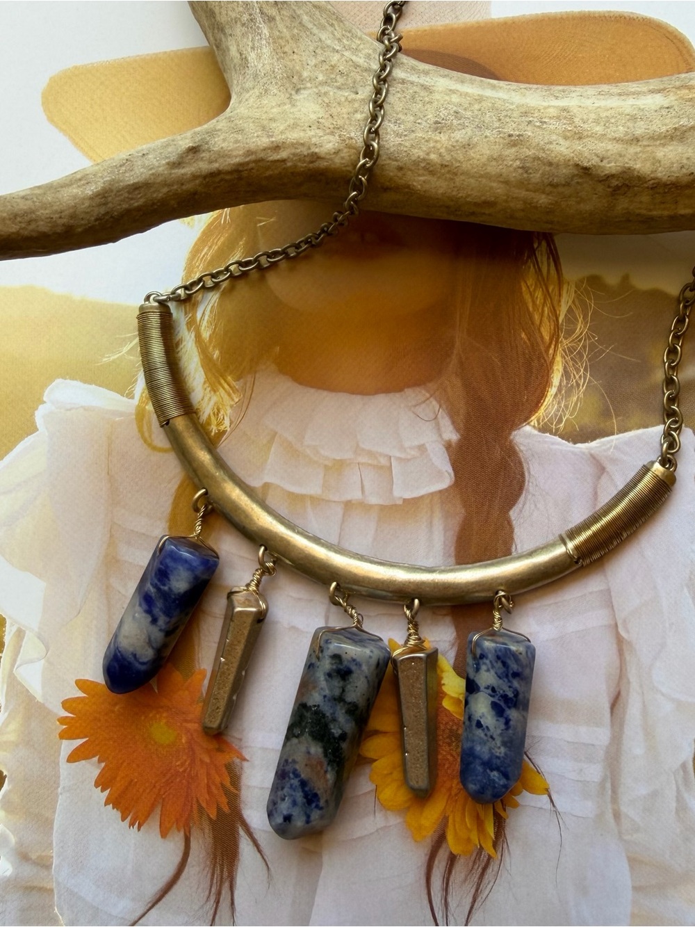 Blue Style Sodalite Crystal Point Fringe Statement Necklace Bronze Tone Boho